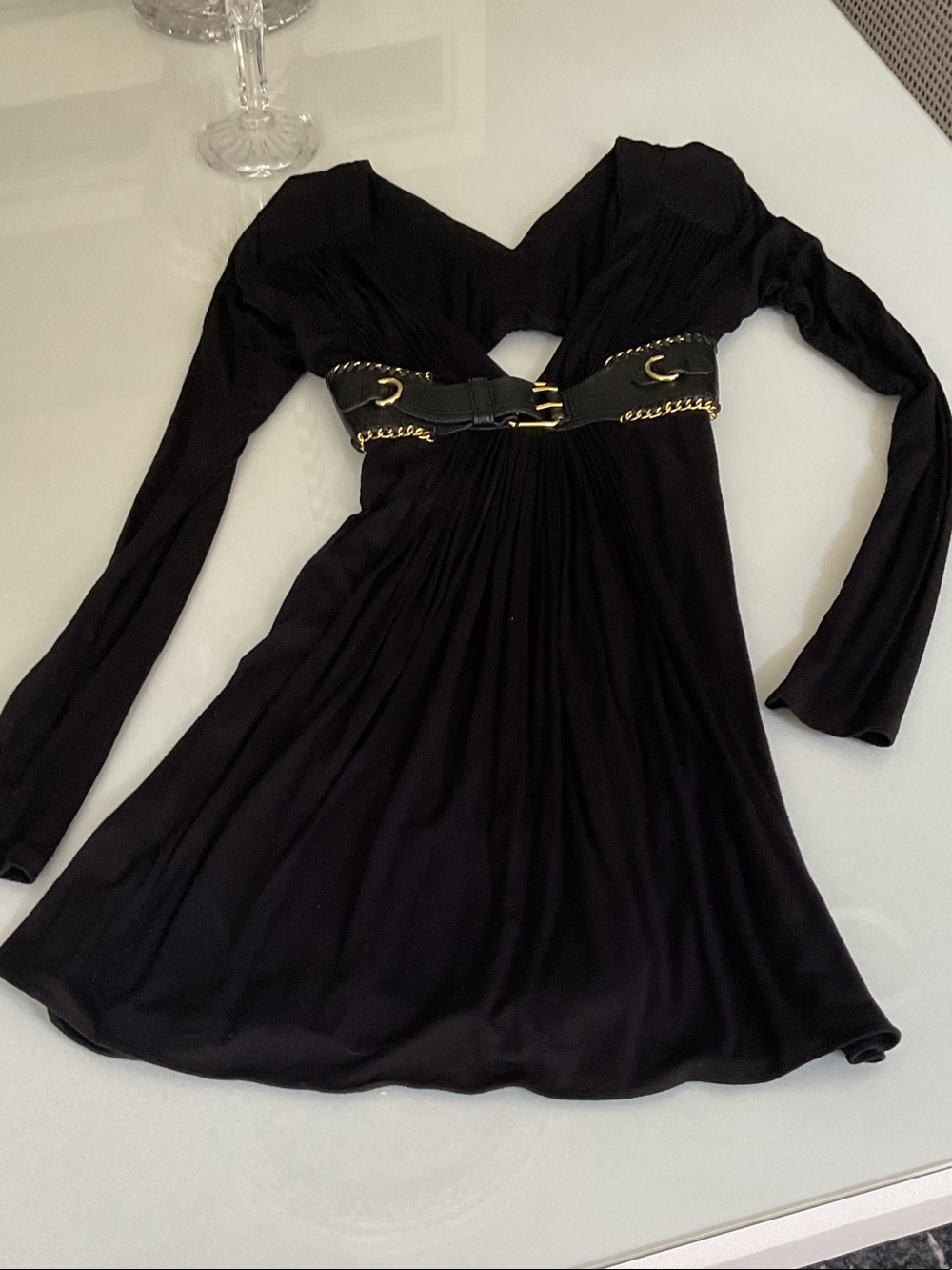 Sky Black Long-Sleeve V-Neck Dress with Gold-Accent Waist